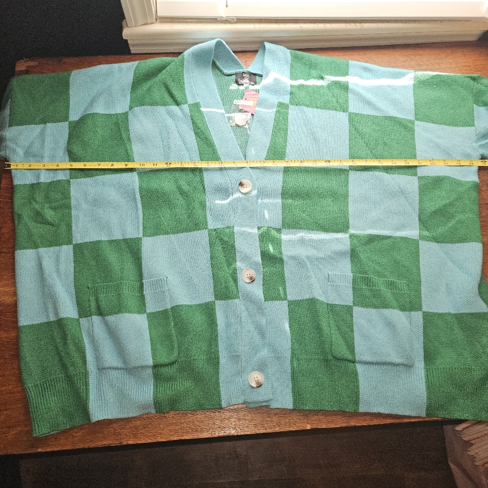 LALA ORIGINAL Love You Oversized Checkerboard Cardigan in Emerald + Sky - Picture 7 of 8